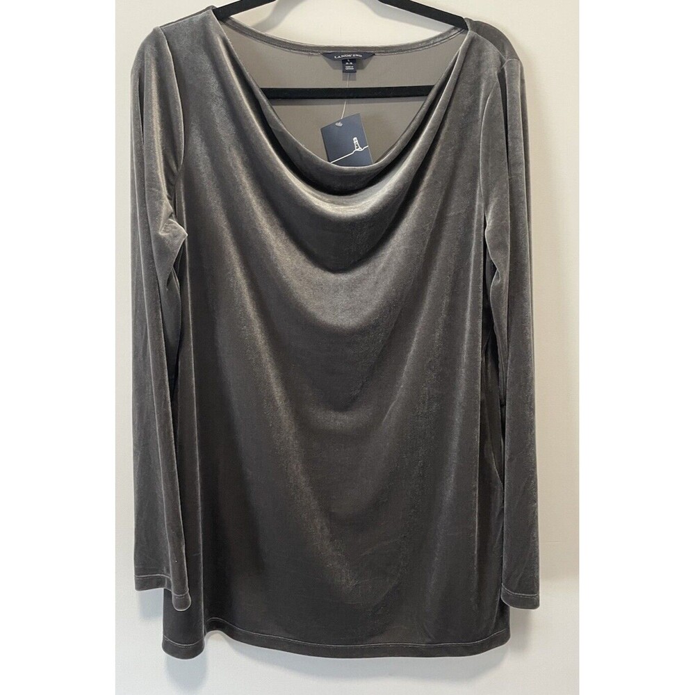 Lands End L 14-16 Women's Velvet Long Sleeve Drape Neck Tunic Grey NWT Holiday